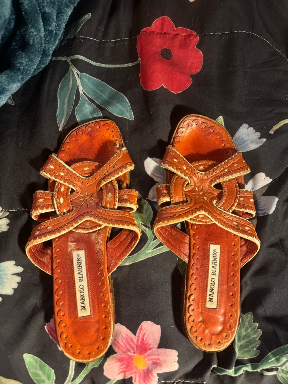 Manolo Blahnik Houram Orange Leather Braided Slide Mules